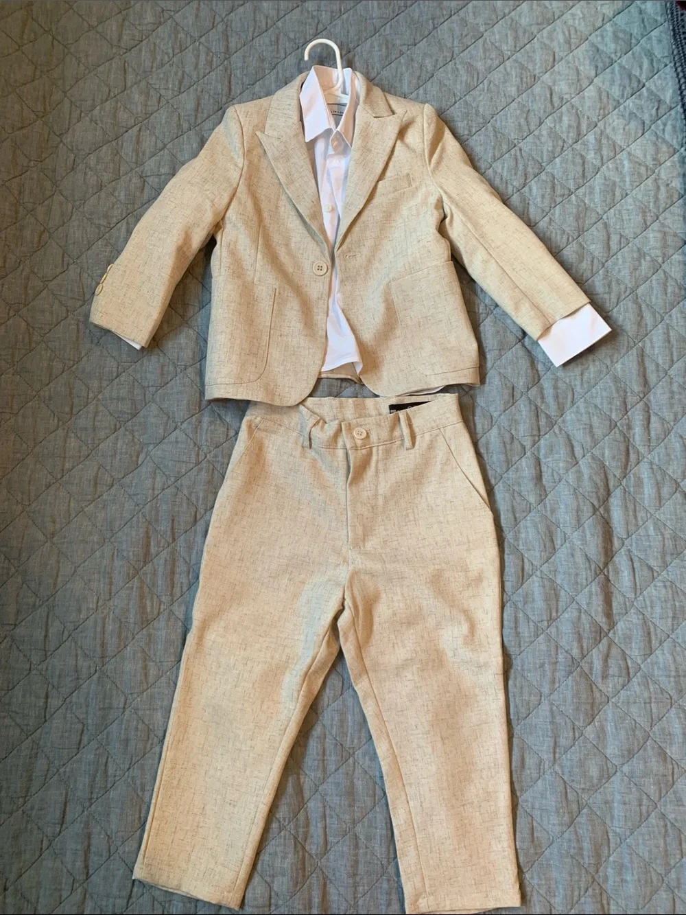 Kids Beige Linen-Blend Matching Suit Set - Jacket & Pants